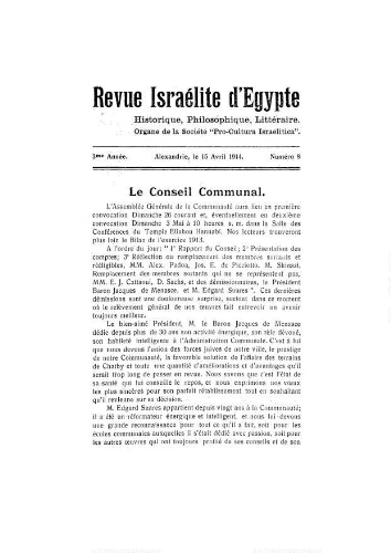 Revue israélite d'Egypte. Vol. 3 n° 08 (15 avril 1914)